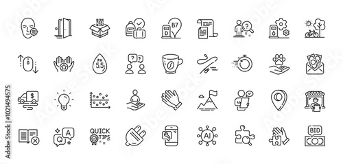 Diesel station, Bribe and Door line icons pack. AI, Question and Answer, Map pin icons. Favorite, Filling station, Recruitment web icon. Cash transit, Problem skin, Customer survey pictogram. Vector