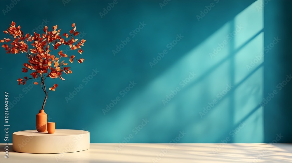 Sleek Indigo Blue Studio Interior with Vacant Floor Wall and Dais Mockup Showcasing Warm Toned Lighting and Shadow Overlay from Window Sleek Indigo Blue Studio Interior with Vacant Floor Wall and Dais Mockup Showcasing Warm Toned Lighting and Shadow Overlay from Window