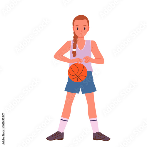 Female young athlete holding ball in hand to jump, run to basket, child playing in school team cartoon vector illustration. Basketball player girl running and jumping, dribble ball down court