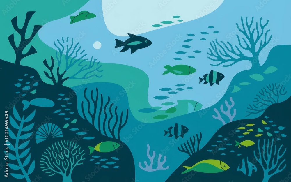 Underwater reef scene. Vibrant coral reefs teeming with life, showcasing a diverse array of colorful fish. A peaceful and serene underwater landscape.