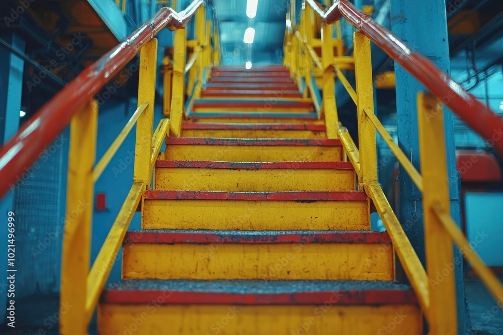 Yellow and Red Metal Stairs with Handrails in a Factory or Warehouse Yellow and Red Metal Stairs with Handrails in a Factory or Warehouse
