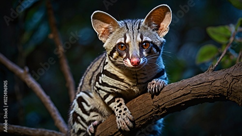 A detailed close-up photograph of a common genet photo