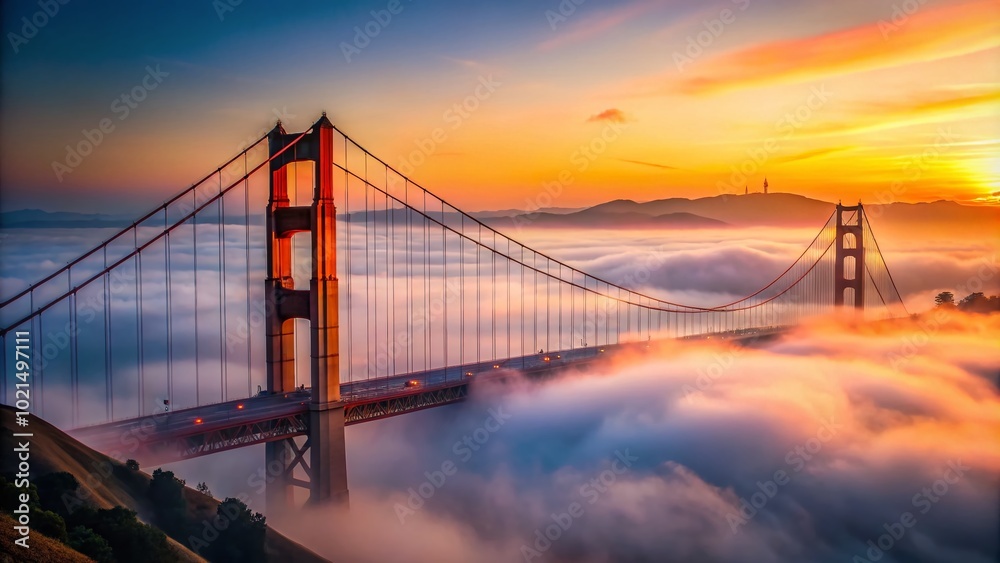 Mysterious Fog Embraces the Golden Gate Bridge at Dawn, Creating an Ethereal Atmosphere Above Water Mysterious Fog Embraces the Golden Gate Bridge at Dawn, Creating an Ethereal Atmosphere Above Water