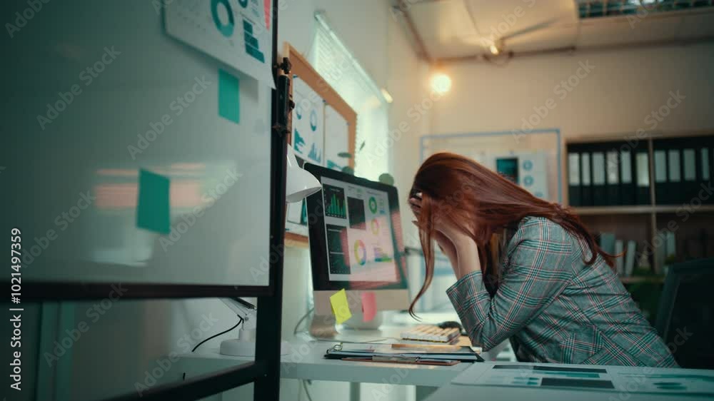 Young asian businesswoman working in an office feels increasing stress while managing tasks on her computer, showcasing the challenges of deadlines and workplace pressure Young asian businesswoman working in an office feels increasing stress while managing tasks on her computer, showcasing the challenges of deadlines and workplace pressure