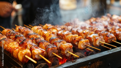 Grilled Skewers on a Smoky Barbecue Grill