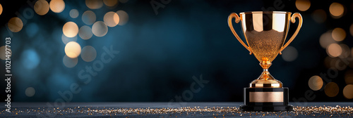 golden trophy stands proudly against dark blue background, symbolizing achievement and success. soft bokeh lights add celebratory atmosphere, enhancing feeling of victory