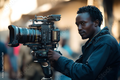 African man operating a camera at a film set, Movie production, Videographer, Cinematographer, Film industry