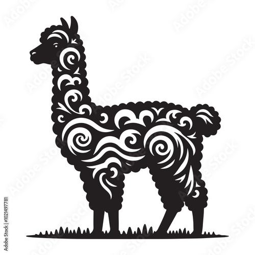 Alpaca silhouette vector art illustration black color white background 