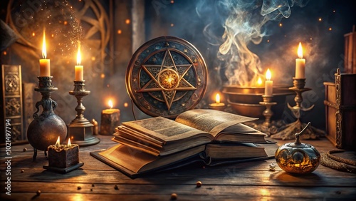 Mysterious Symbols and Ancient Texts Representing the Enigmatic World of Occult Sciences and Mysticism