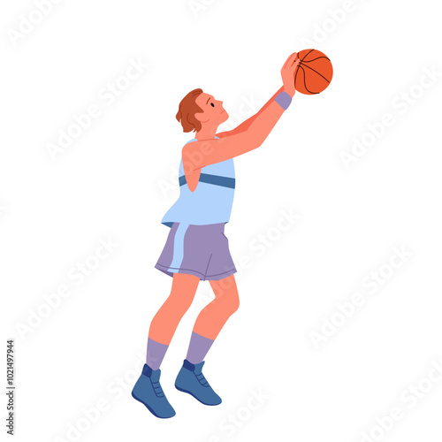 Basketball player spinning orange ball on finger. Young male athlete in sports uniform and sneakers standing to spin and twirl ball in balance with professional skill cartoon