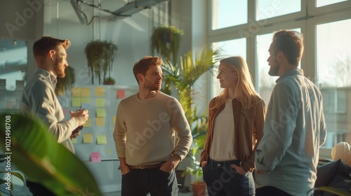 Inclusive startup team in open-plan office, standing meeting around kanban board, casual dress code, natural light from large windows, plants and modern decor