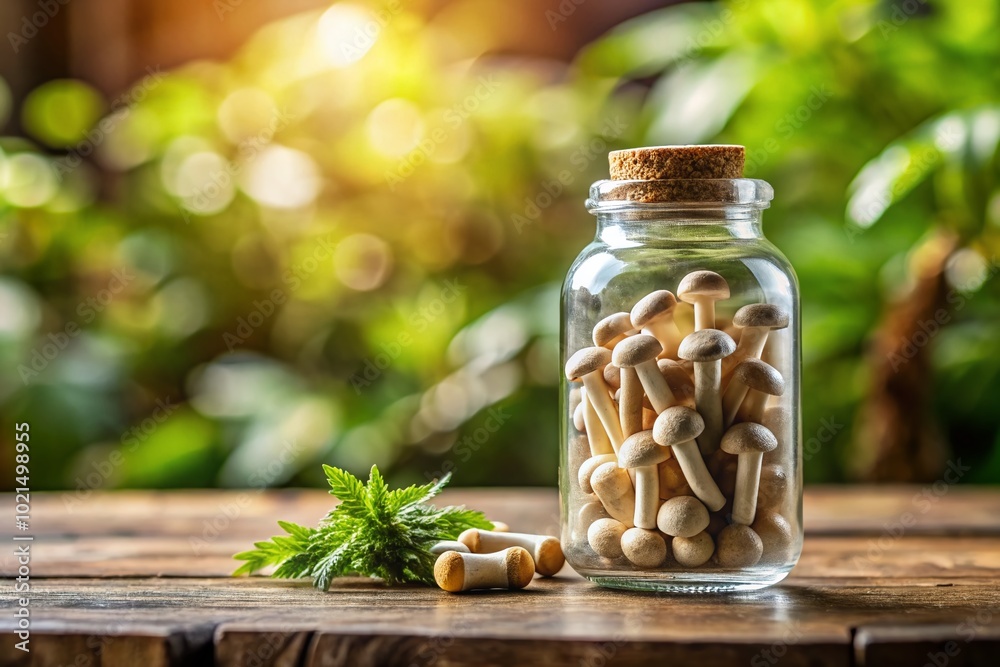 Natural mushroom microdose capsules in a clear bottle on a wooden table with a blurred background Natural mushroom microdose capsules in a clear bottle on a wooden table with a blurred background