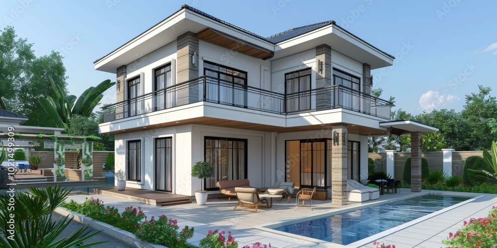 Fototapeta premium Modern Villa Exterior Design Illustration