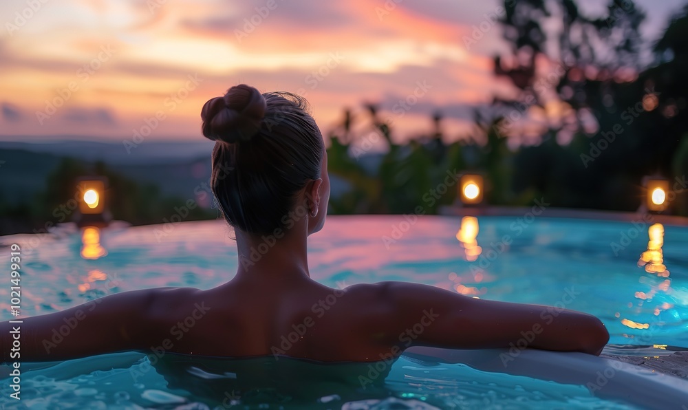 Serene woman enjoying a spa pool at twilight Serene woman enjoying a spa pool at twilight