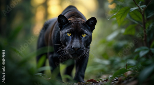 portrait of a black panther in the jungle, close up, depth of field