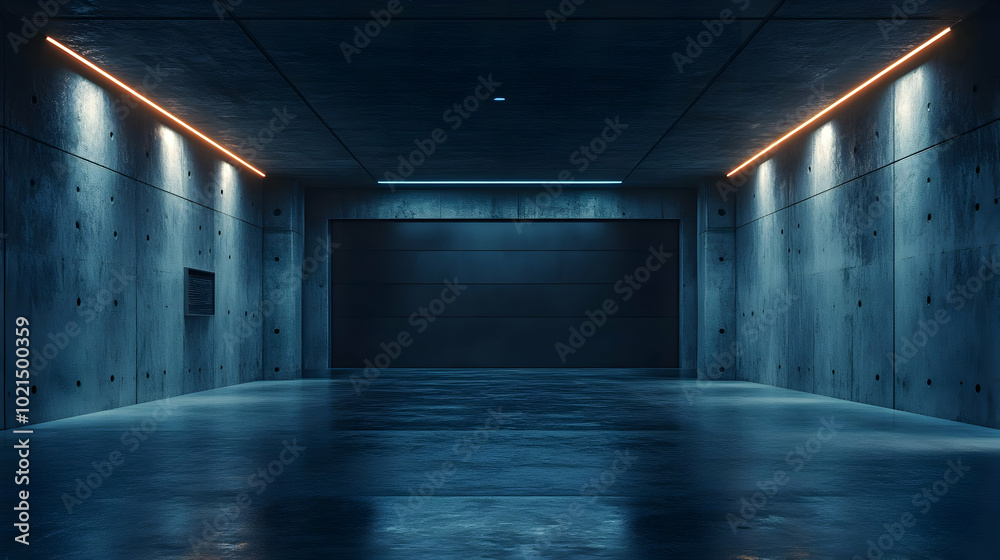 Dark Garage Interior with Blue and Orange Neon Lights 3D Illustration Dark Garage Interior with Blue and Orange Neon Lights 3D Illustration