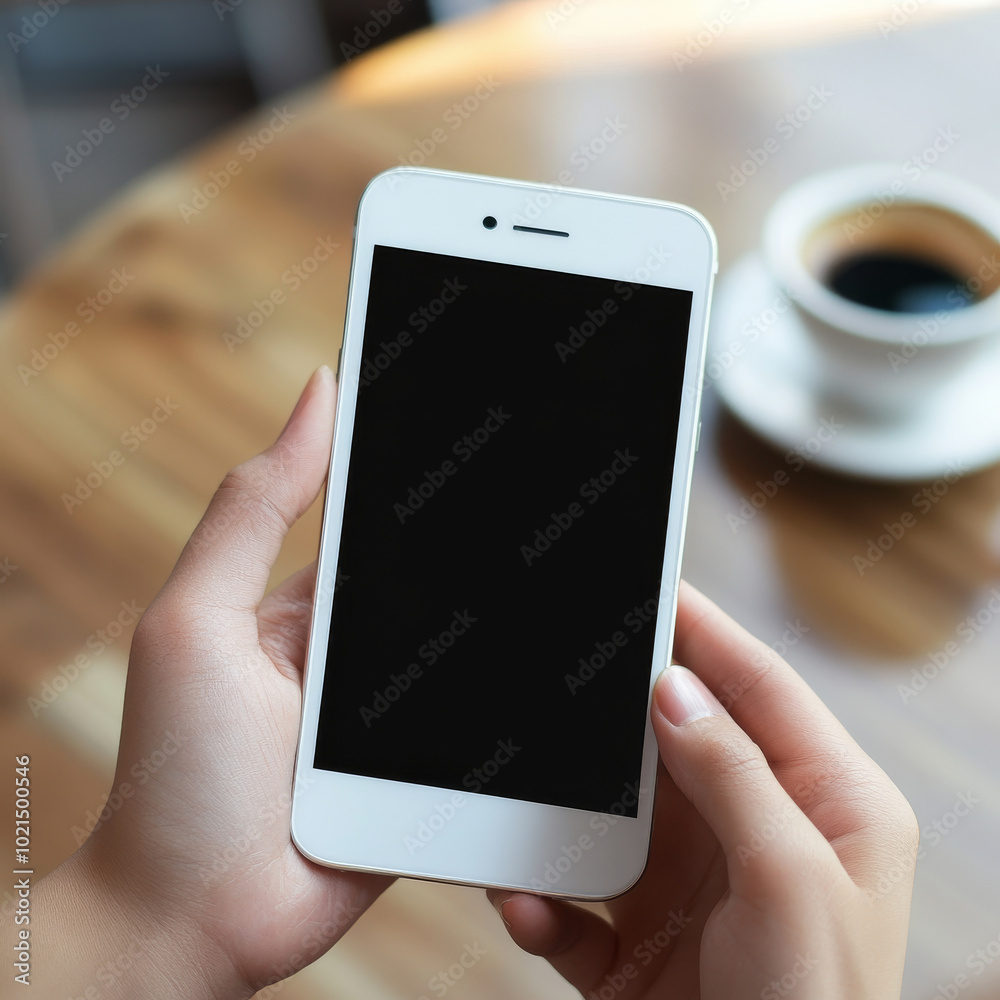 person is holding white mobile phone with blank screen, set against wooden table and cup of coffee in background. scene conveys sense of casual relaxation and connectivity person is holding white mobile phone with blank screen, set against wooden table and cup of coffee in background. scene conveys sense of casual relaxation and connectivity