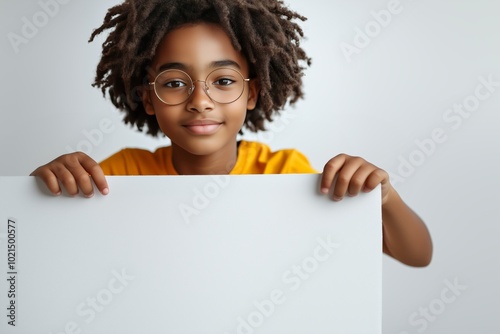 Young African American child with curly hair and glasses, wearing a yellow shirt, peeking over a white board. Curious expression, studio backdrop