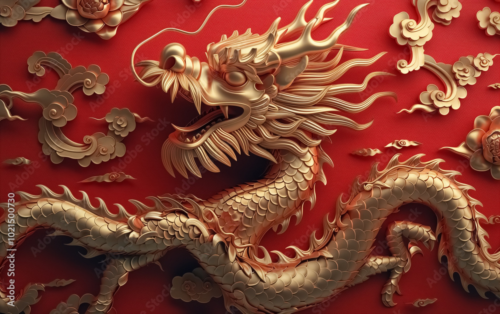 Fototapeta premium Beautiful golden Dragon illustration, Chinese new year poster background with dragon