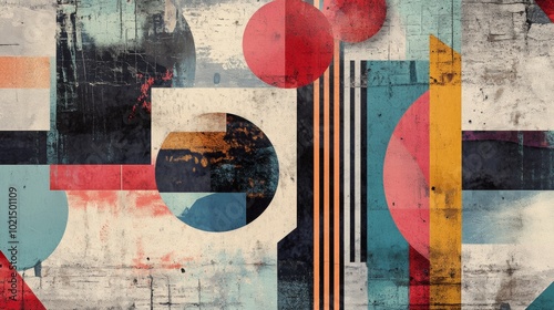 A colorful abstract painting with a red circle in the middle