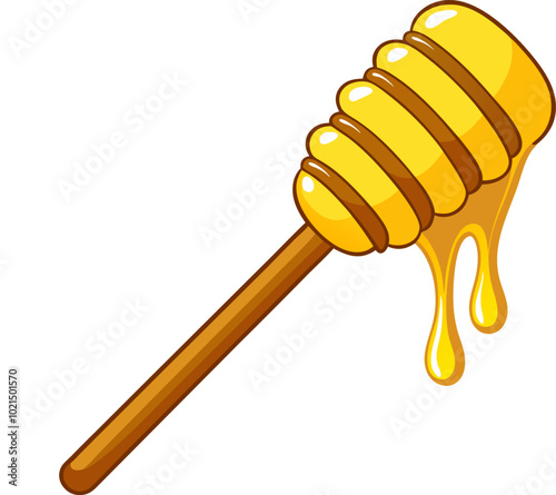 Vector illustration of a bee wooden honey spoon with a drop of liquid, cartoon-style honey dipper dripping with golden honey, outline, and icon.