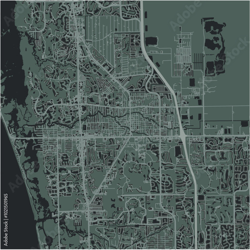 Map of Bonita Springs in Florida in a smooth dark style. Contains layered vector with roads water, parks, etc.