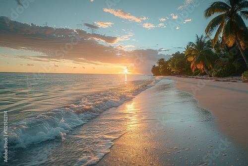 Fototapeta Naklejka Na Ścianę i Meble -  tranquil sunrise secluded beach gentle waves lapping shore sunset sea palm swaying trees free