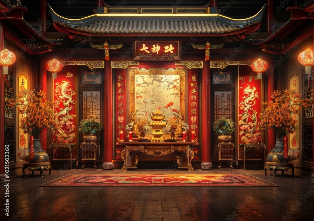 Traditional Chinese Temple Interior Scene Illustration Traditional Chinese Temple Interior Scene Illustration