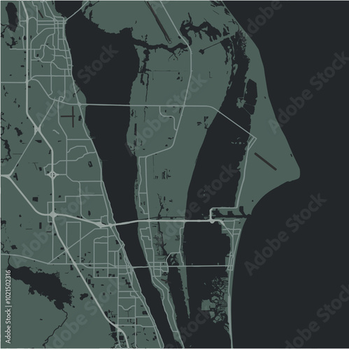 Map of Cape Canaveral in Florida in a smooth dark style. Contains layered vector with roads water, parks, etc.