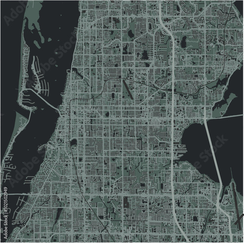 Map of Clearwater in Florida in a smooth dark style. Contains layered vector with roads water, parks, etc.