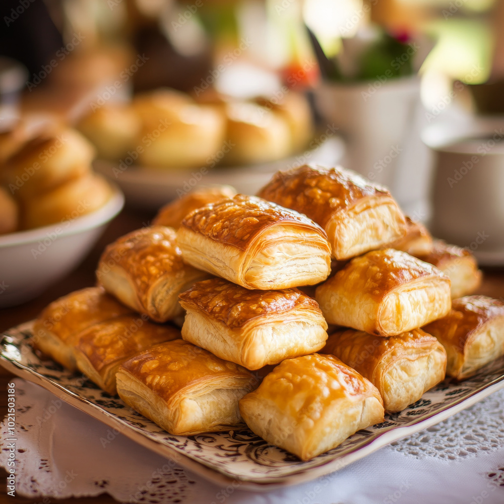 Delicious golden pastry squares stacked on decorative plate, perfect for sharing at gatherings or enjoying as snack. These flaky treats are sure to delight any palate Delicious golden pastry squares stacked on decorative plate, perfect for sharing at gatherings or enjoying as snack. These flaky treats are sure to delight any palate