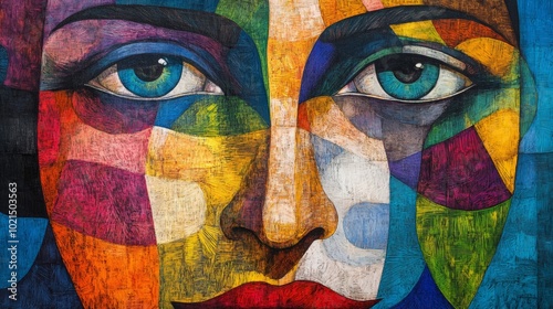 A colorful painting of a woman's face with blue eyes
