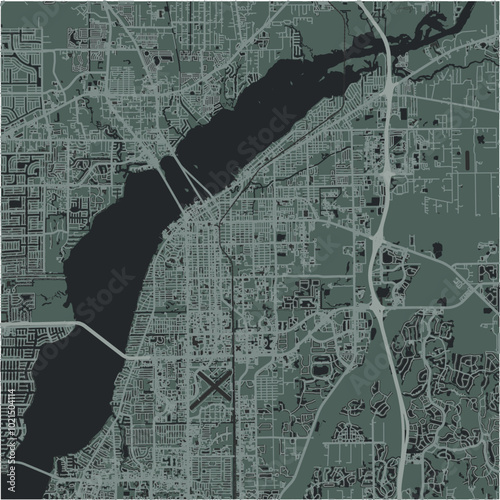 Map of Fort Myers in Florida in a smooth dark style. Contains layered vector with roads water, parks, etc.
