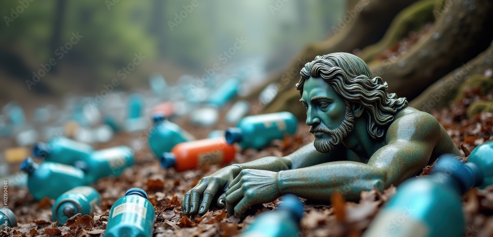 Fototapeta premium A poignant statue of a man amidst a forest littered with plastic bottles, highlighting the impact of pollution on nature. Perfect for environmental awareness campaigns.