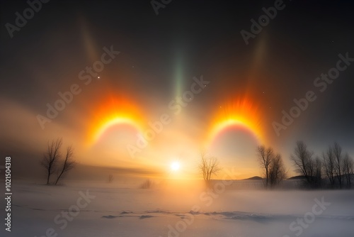 Captivating sundog phenomenon in a picturesque winter landscape with vibrant prismatic arcs framing the sun created by the atmospheric refraction of light through ice crystals in the air