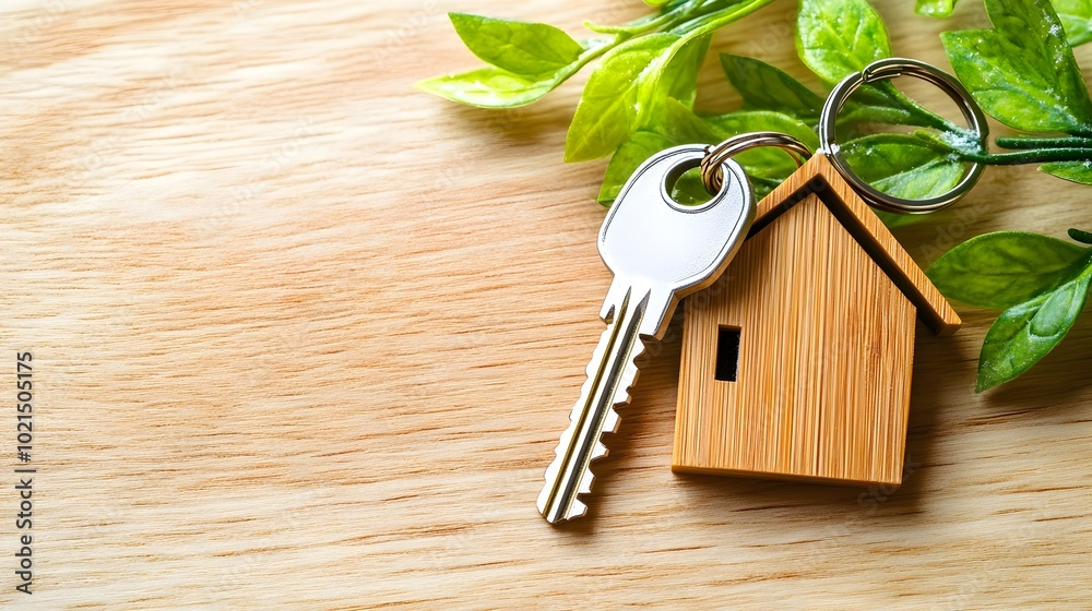 Key with House Shaped Keychain and Wintry Country Home in the Background Key with House Shaped Keychain and Wintry Country Home in the Background