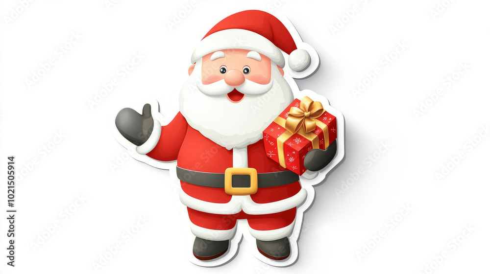 Santa Claus holding a gift box. Christmas sticker with white border isolated on white background. Holiday celebration and gift-giving concept. Santa Claus holding a gift box. Christmas sticker with white border isolated on white background. Holiday celebration and gift-giving concept.