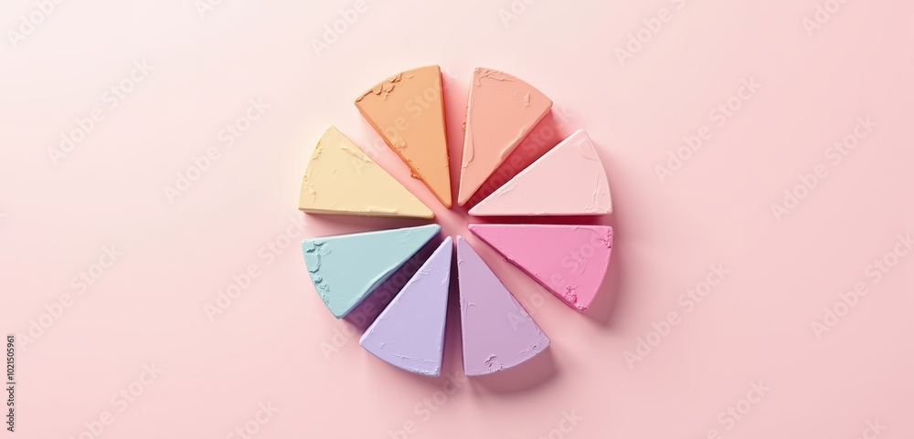 A colorful arrangement of pie chart segments on a soft pink background, ideal for creative presentations, marketing materials, or modern business designs. A colorful arrangement of pie chart segments on a soft pink background, ideal for creative presentations, marketing materials, or modern business designs.