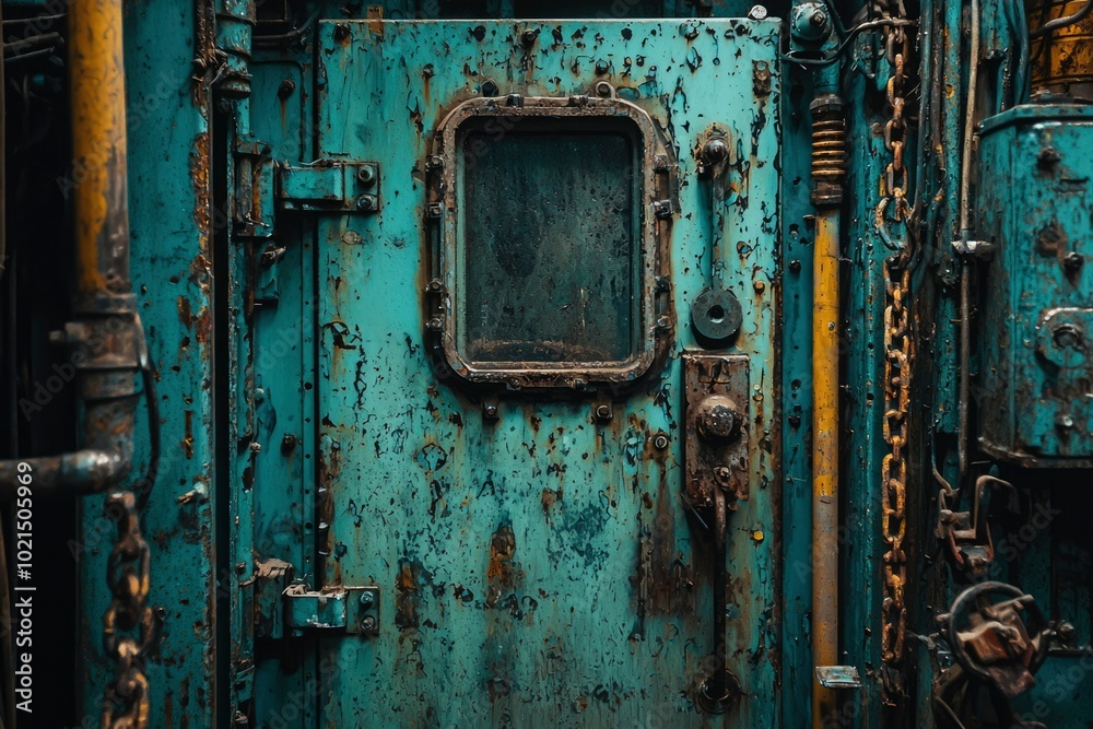 A Rusty Metal Door with a Small Window A Rusty Metal Door with a Small Window