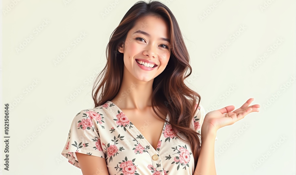 A cheerful young woman in a floral dress smiling and gesturing positively. Ideal for fashion, beauty, lifestyle, marketing, and wellness campaigns. A cheerful young woman in a floral dress smiling and gesturing positively. Ideal for fashion, beauty, lifestyle, marketing, and wellness campaigns.