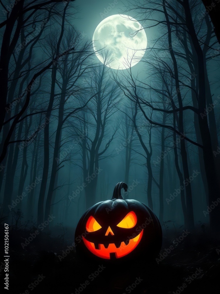 Spooky jackolantern in a misty forest illuminated by the full moon a perfect halloween backdrop with eerie ambiance halloween backdrop