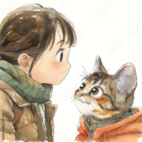 A girl and a cat looking at each other photo