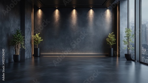 Modern photo studio with dark background, professional lighting, and sleek flooring, High-end photography environment, Generative Ai