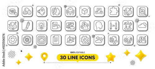 Receive file, Mineral oil and Cloud computing line icons pack. 3d design elements. Coronavirus vaccine, Customisation, Windy weather web icon. File, Head, Stop coronavirus pictogram. Vector