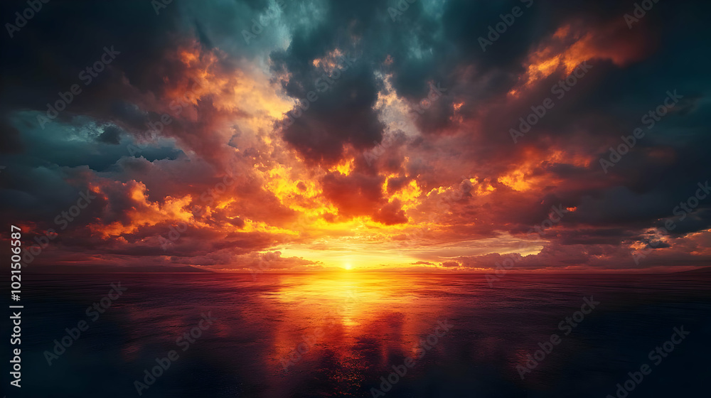 Fiery Sunset Sky Over Calm Ocean Illustration Fiery Sunset Sky Over Calm Ocean Illustration