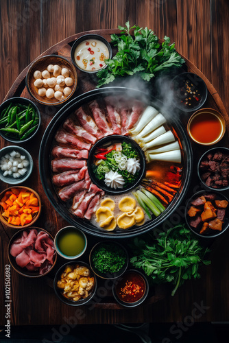 Flat lay of a Chinese hot pot feast with various meats, vegetables, and dipping sauces arranged around a steaming pot.