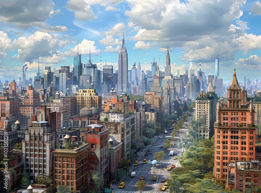 Fototapeta premium New York City Skyline Aerial View Illustration