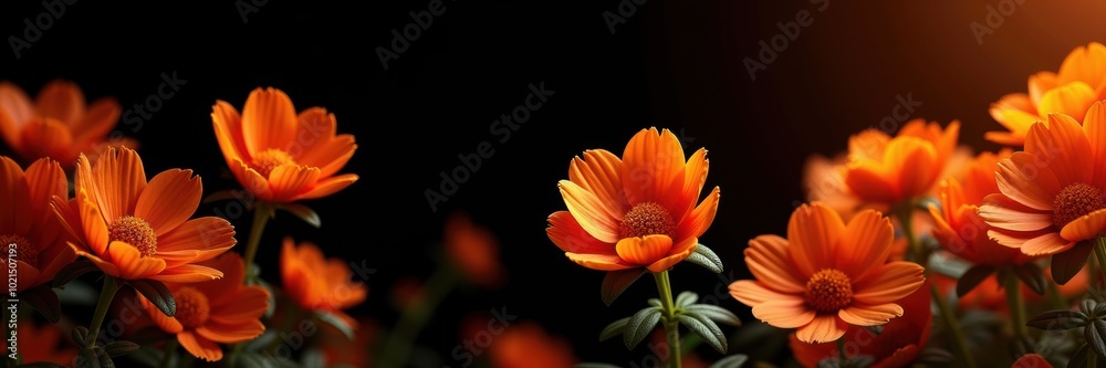 Vibrant orange flowers bloom against a dark backdrop, showcasing nature's beauty and elegance, ideal for use in design, advertising, or floral arrangements. Vibrant orange flowers bloom against a dark backdrop, showcasing nature's beauty and elegance, ideal for use in design, advertising, or floral arrangements.