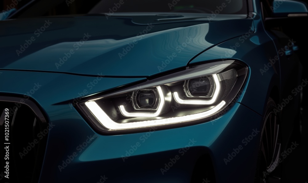 Close up view of a modern car's sleek headlights, showcasing innovative design and technology, perfect for automotive advertising or product promotion. Close up view of a modern car's sleek headlights, showcasing innovative design and technology, perfect for automotive advertising or product promotion.