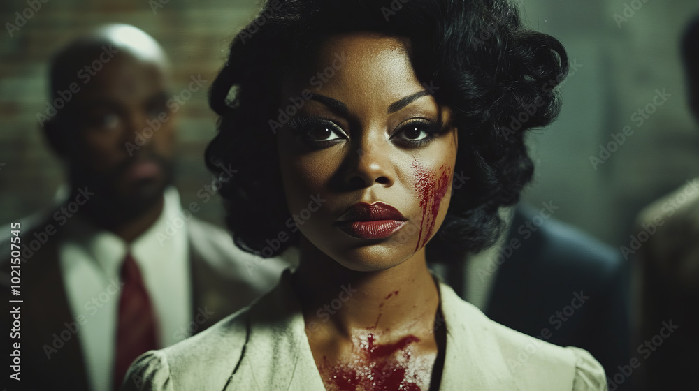 Close-up of a woman with blood on her face, standing in front of men in suits. Concept of violence, scandal in show business, and human trafficking. Close-up of a woman with blood on her face, standing in front of men in suits. Concept of violence, scandal in show business, and human trafficking.